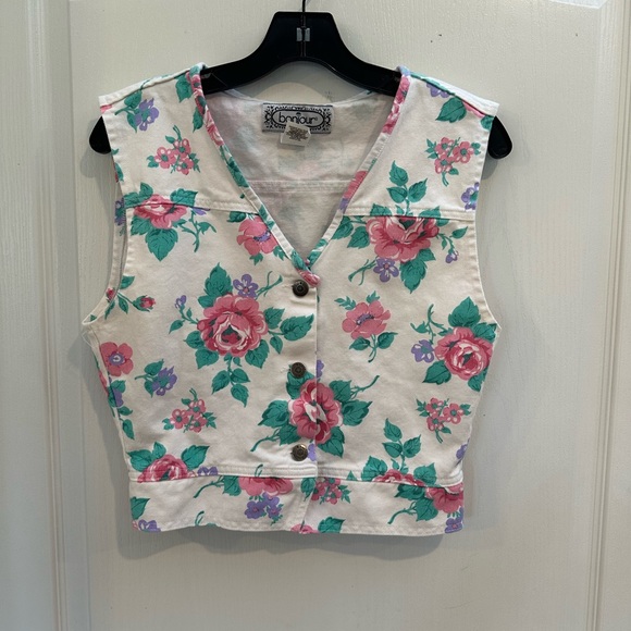 Bonjour Women's Vintage 90s white pink floral cropped boxy vest size small - Picture 1 of 5